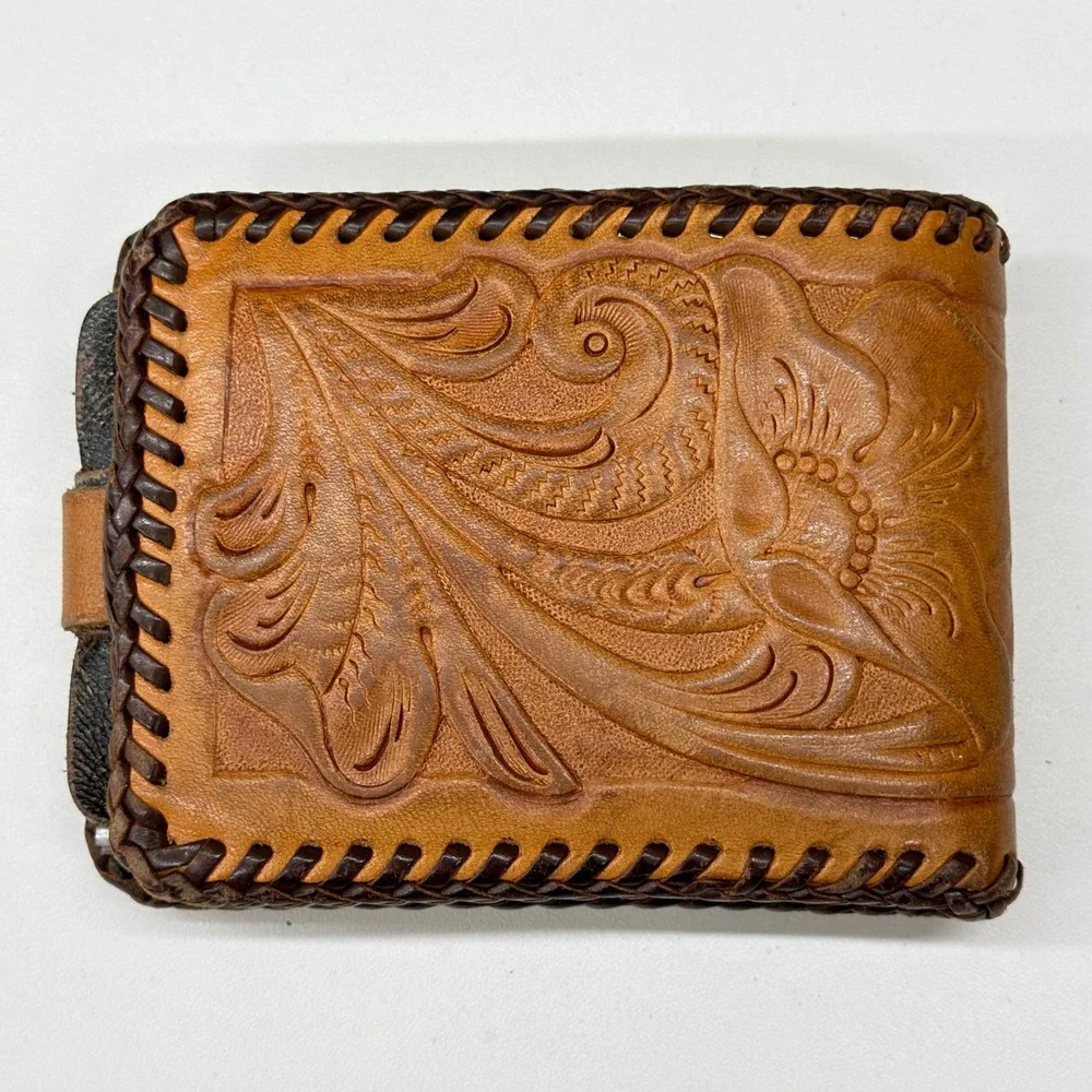 Vtg Joo-Kay Real Leather Tooled Floral Bifold Wallet Western Whipstitch Brown